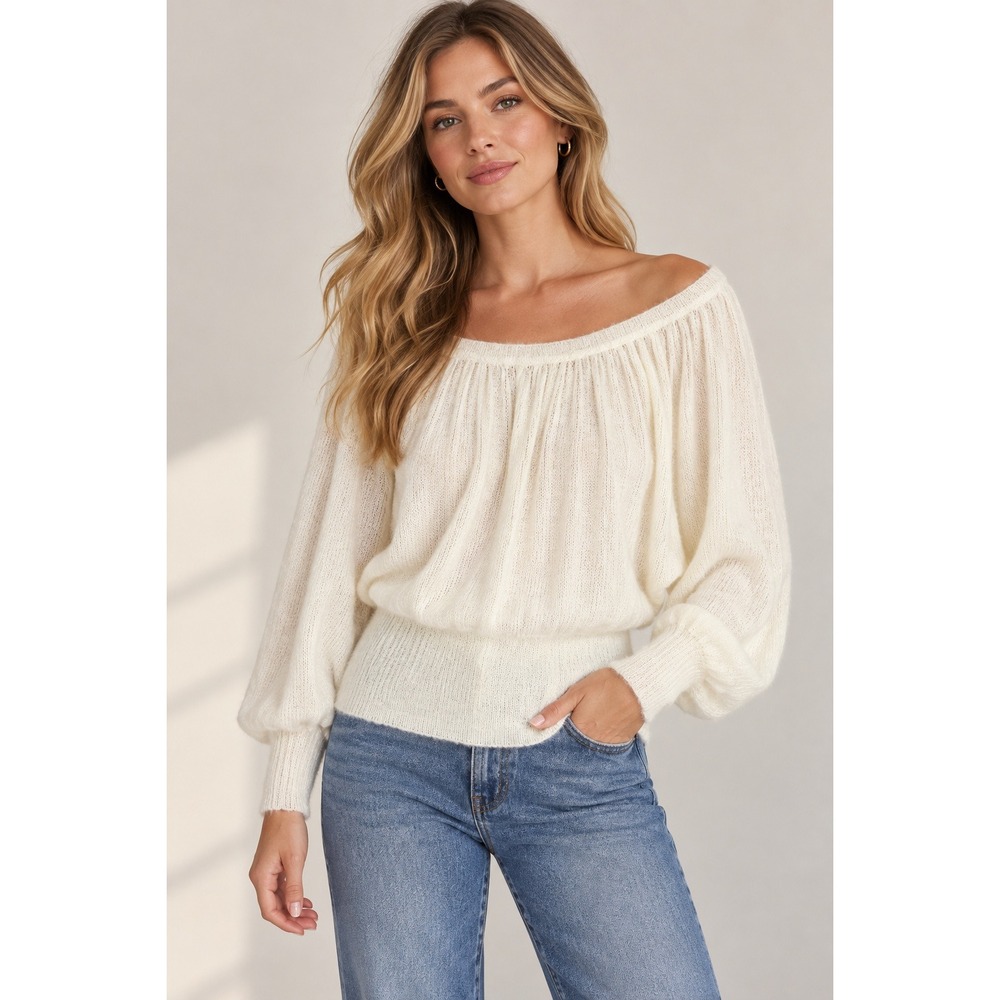 Cream Mohair Blend Off Shoulder Sweater M Fuzzy Balloon Sleeve